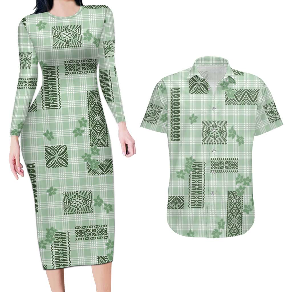 Hawaiian Quilt Tapa On Pastel Mint Palaka Motifs Couples Matching Long Sleeve Bodycon Dress and Hawaiian Shirt LT7 Mint - Polynesian Pride