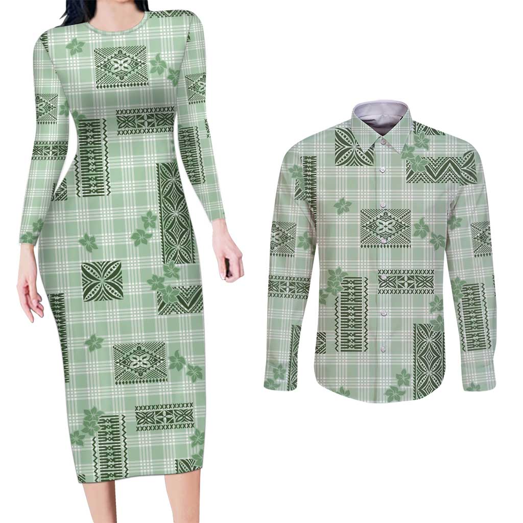 Hawaiian Quilt Tapa On Pastel Mint Palaka Motifs Couples Matching Long Sleeve Bodycon Dress and Long Sleeve Button Shirt