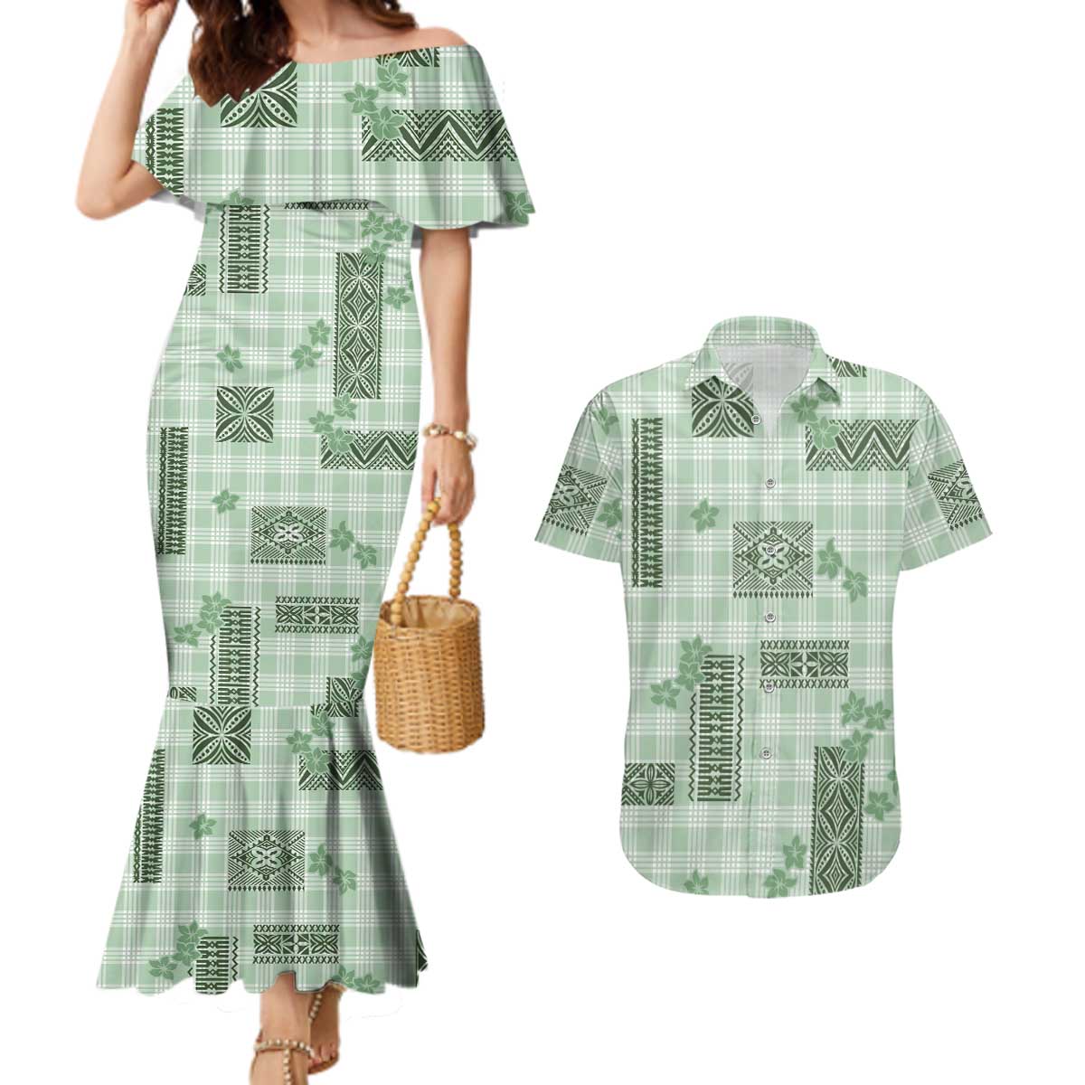 Hawaiian Quilt Tapa On Pastel Mint Palaka Motifs Couples Matching Mermaid Dress and Hawaiian Shirt LT7 Mint - Polynesian Pride