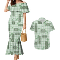 Hawaiian Quilt Tapa On Pastel Mint Palaka Motifs Couples Matching Mermaid Dress and Hawaiian Shirt LT7 Mint - Polynesian Pride