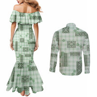 Hawaiian Quilt Tapa On Pastel Mint Palaka Motifs Couples Matching Mermaid Dress and Long Sleeve Button Shirt