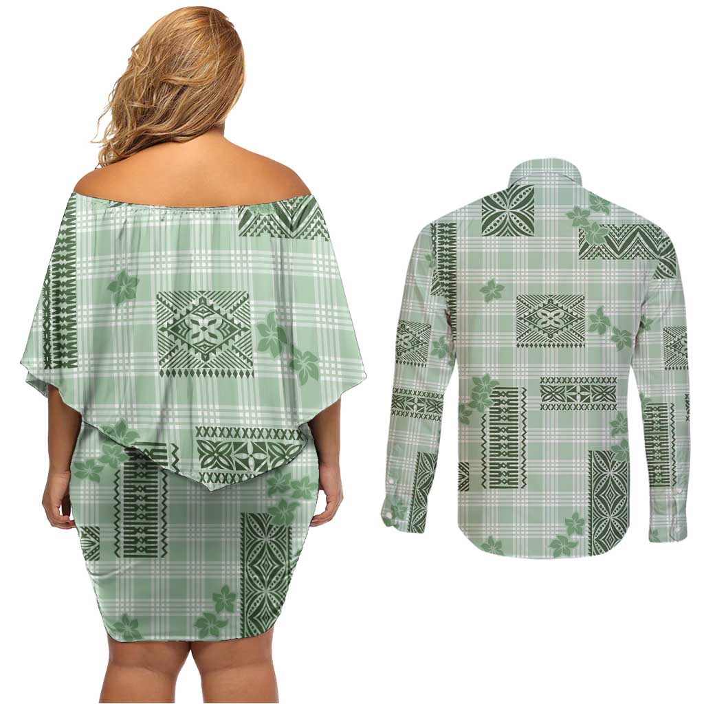 Hawaiian Quilt Tapa On Pastel Mint Palaka Motifs Couples Matching Off Shoulder Short Dress and Long Sleeve Button Shirt