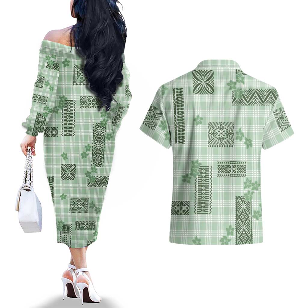 Hawaiian Quilt Tapa On Pastel Mint Palaka Motifs Couples Matching Off The Shoulder Long Sleeve Dress and Hawaiian Shirt LT7 - Polynesian Pride