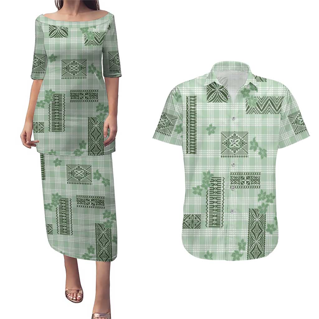Hawaiian Quilt Tapa On Pastel Mint Palaka Motifs Couples Matching Puletasi and Hawaiian Shirt