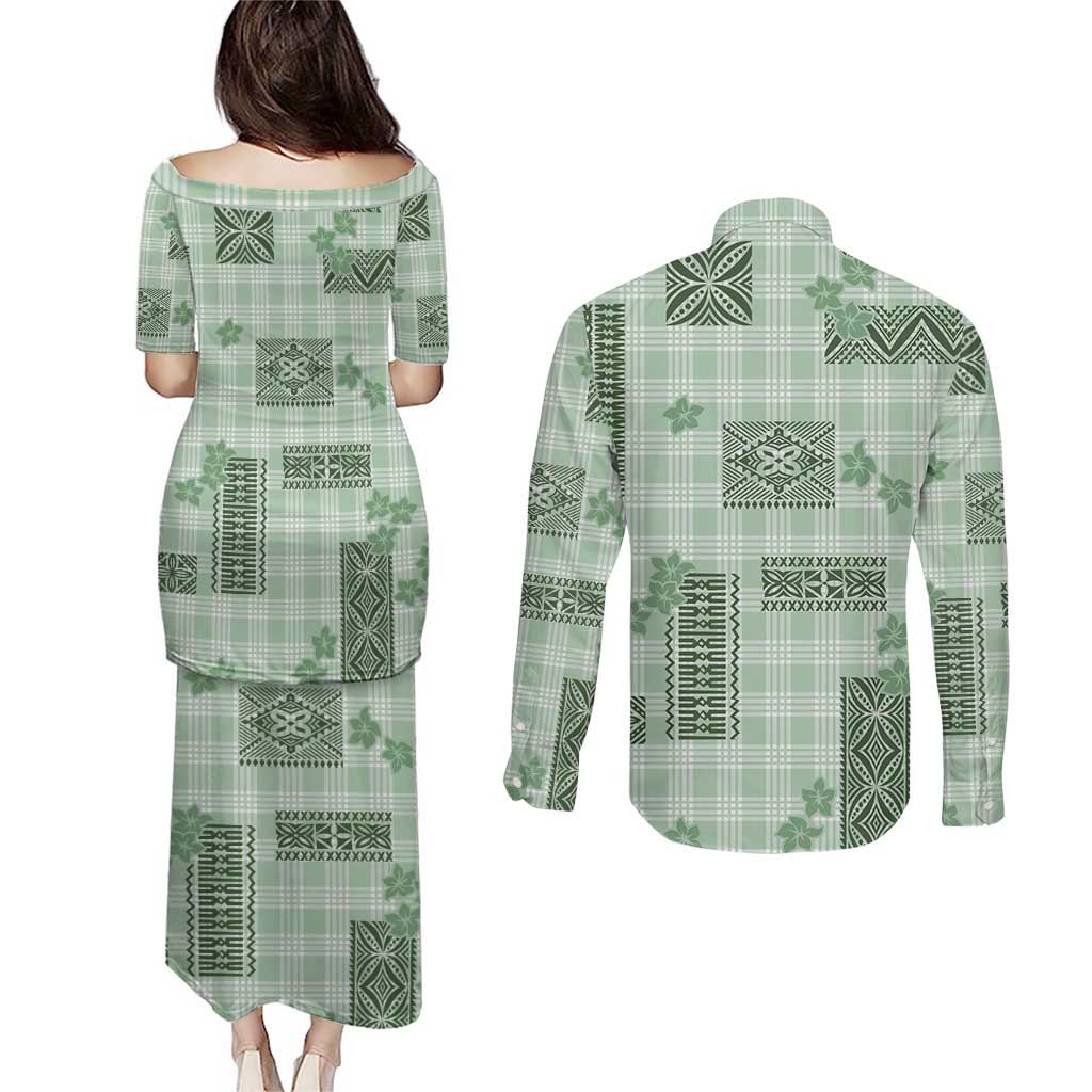 Hawaiian Quilt Tapa On Pastel Mint Palaka Motifs Couples Matching Puletasi and Long Sleeve Button Shirt