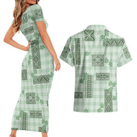 Hawaiian Quilt Tapa On Pastel Mint Palaka Motifs Couples Matching Short Sleeve Bodycon Dress and Hawaiian Shirt LT7 - Polynesian Pride