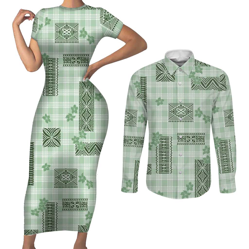 Hawaiian Quilt Tapa On Pastel Mint Palaka Motifs Couples Matching Short Sleeve Bodycon Dress and Long Sleeve Button Shirt