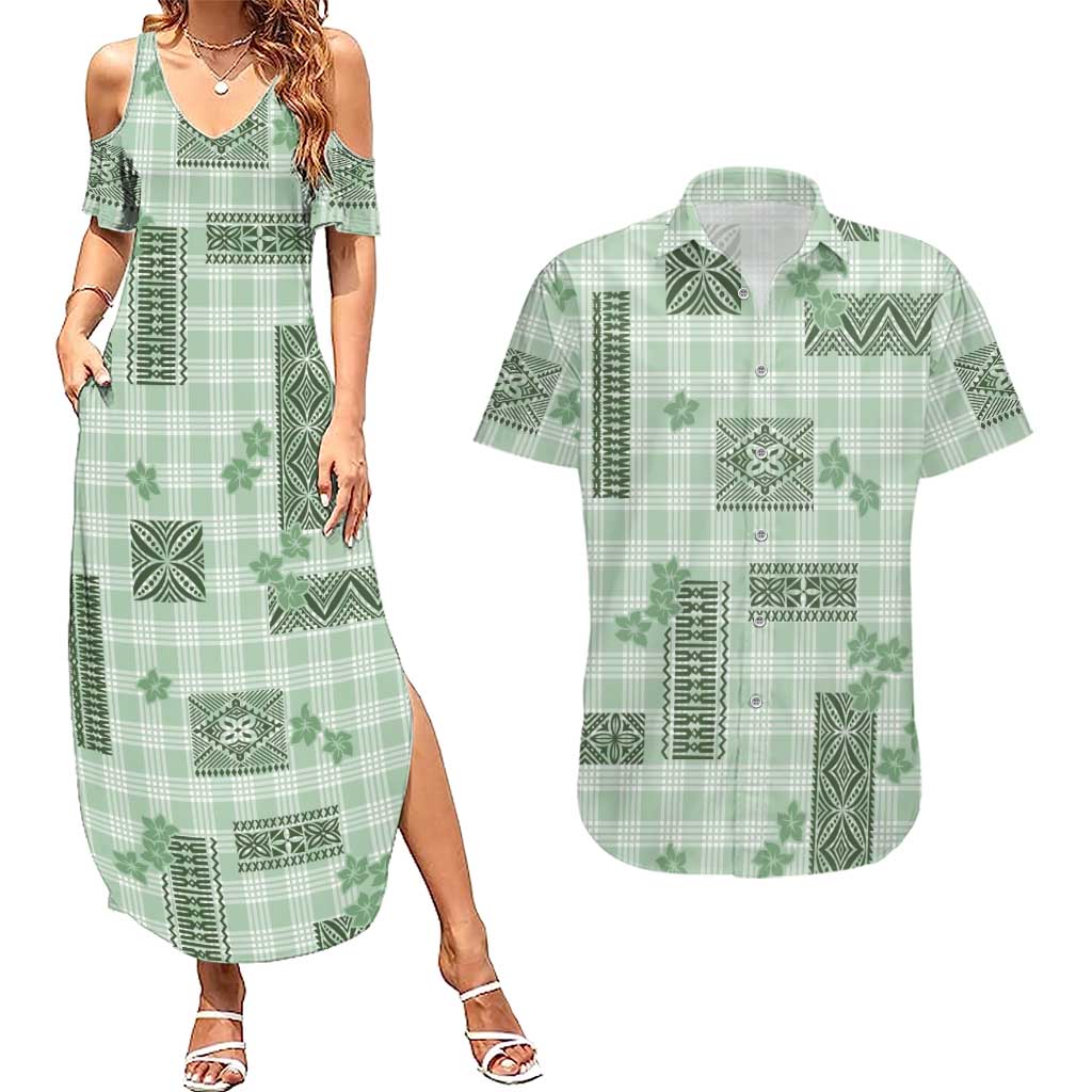 Hawaiian Quilt Tapa On Pastel Mint Palaka Motifs Couples Matching Summer Maxi Dress and Hawaiian Shirt