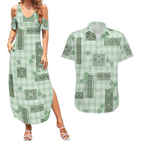 Hawaiian Quilt Tapa On Pastel Mint Palaka Motifs Couples Matching Summer Maxi Dress and Hawaiian Shirt