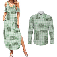 Hawaiian Quilt Tapa On Pastel Mint Palaka Motifs Couples Matching Summer Maxi Dress and Long Sleeve Button Shirt