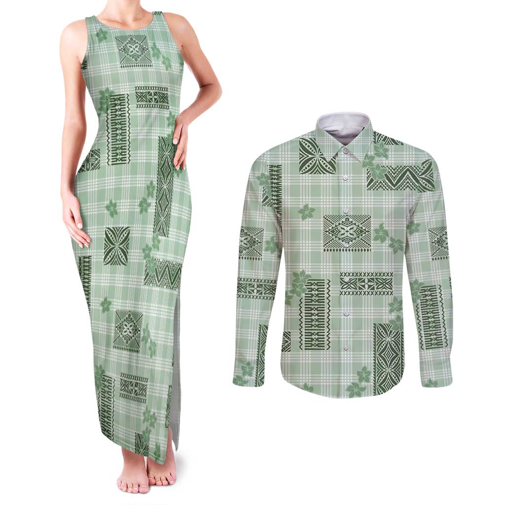 Hawaiian Quilt Tapa On Pastel Mint Palaka Motifs Couples Matching Tank Maxi Dress and Long Sleeve Button Shirt