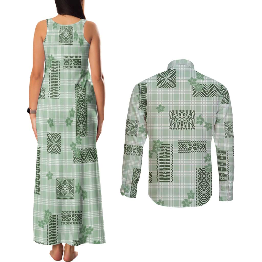 Hawaiian Quilt Tapa On Pastel Mint Palaka Motifs Couples Matching Tank Maxi Dress and Long Sleeve Button Shirt