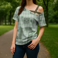 Hawaiian Quilt Tapa On Pastel Mint Palaka Motifs Cross Shoulder Shirt