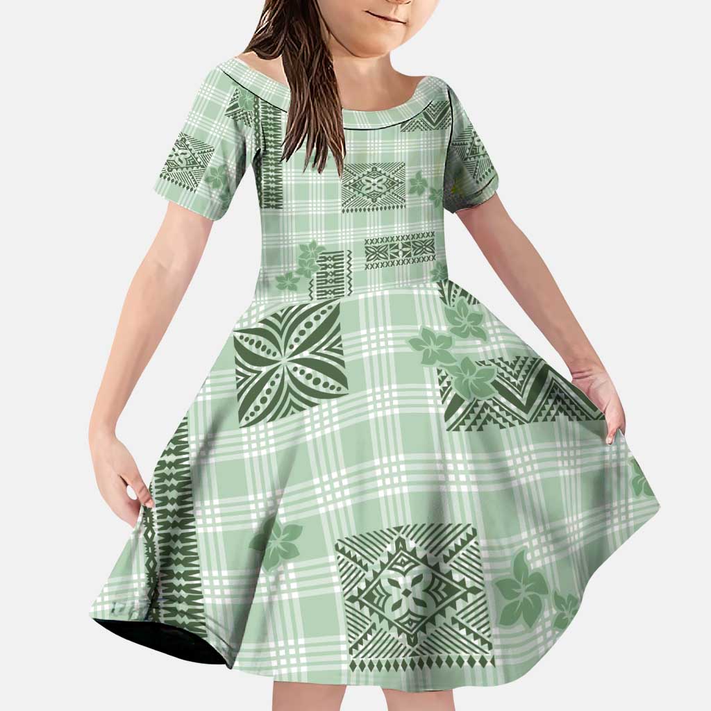Hawaiian Quilt Tapa On Pastel Mint Palaka Motifs Family Matching Mermaid Dress and Hawaiian Shirt LT7 Daughter's Dress Mint - Polynesian Pride