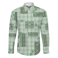 Hawaiian Quilt Tapa On Pastel Mint Palaka Motifs Family Matching Off The Shoulder Long Sleeve Dress and Hawaiian Shirt LT7 Dad's Shirt - Long Sleeve Mint - Polynesian Pride