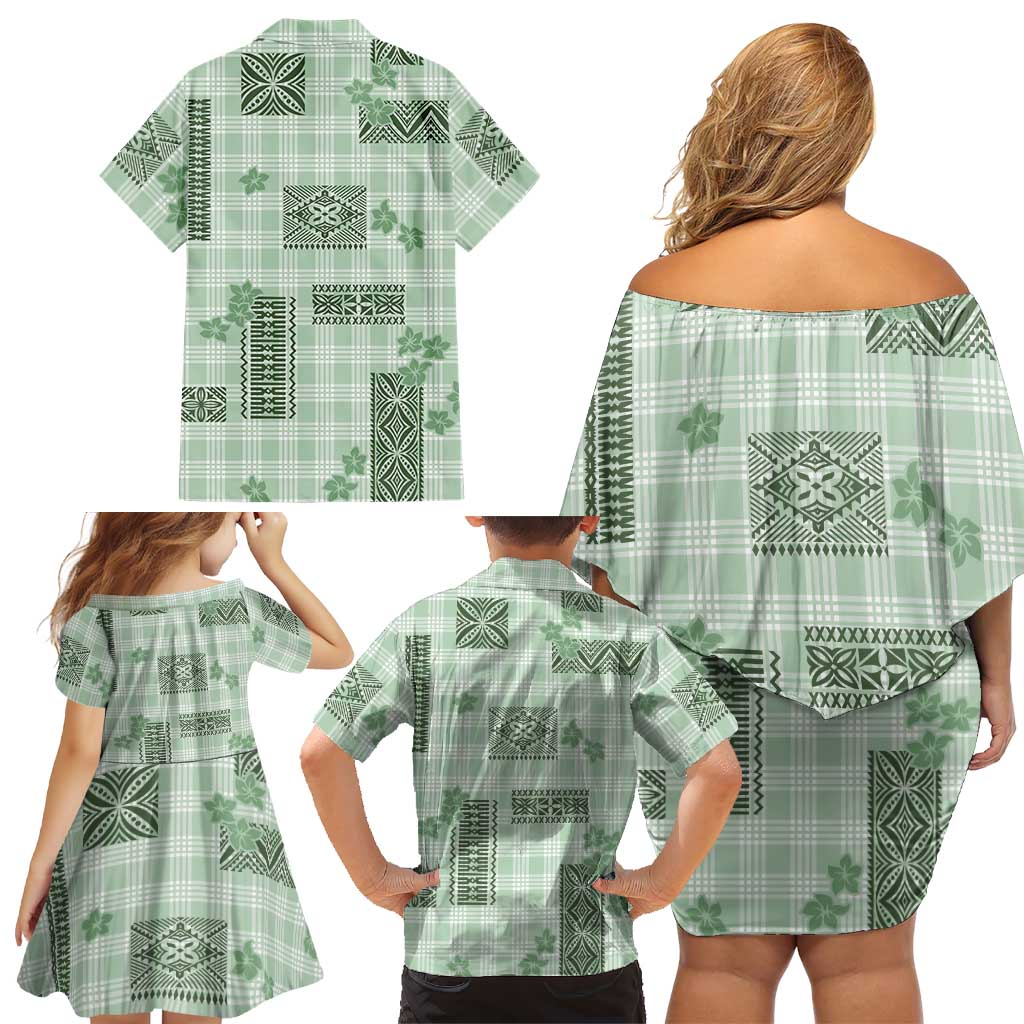 Hawaiian Quilt Tapa On Pastel Mint Palaka Motifs Family Matching Off Shoulder Short Dress and Hawaiian Shirt LT7 - Polynesian Pride