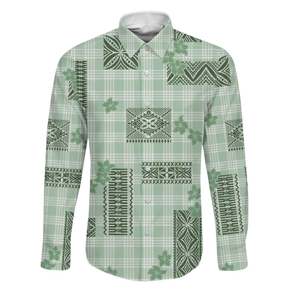 Hawaiian Quilt Tapa On Pastel Mint Palaka Motifs Family Matching Off Shoulder Short Dress and Hawaiian Shirt LT7 Dad's Shirt - Long Sleeve Mint - Polynesian Pride
