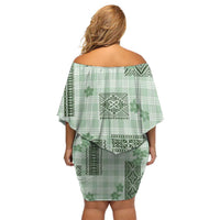 Hawaiian Quilt Tapa On Pastel Mint Palaka Motifs Family Matching Off Shoulder Short Dress and Hawaiian Shirt LT7 - Polynesian Pride