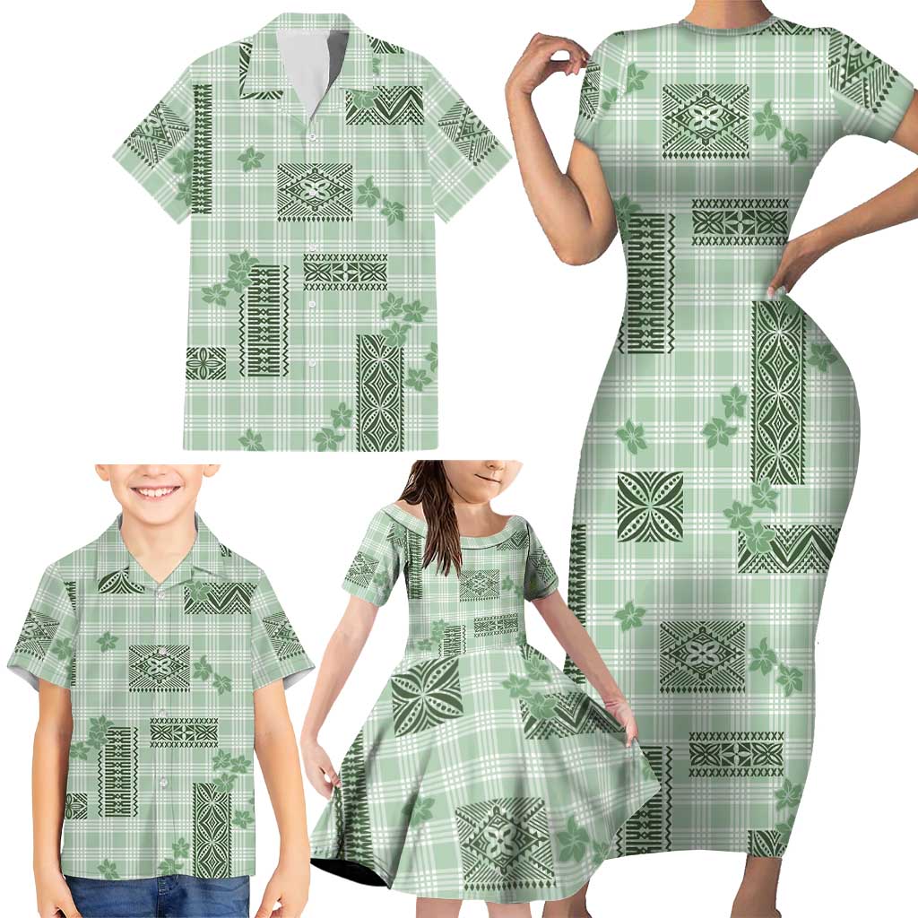 Hawaiian Quilt Tapa On Pastel Mint Palaka Motifs Family Matching Short Sleeve Bodycon Dress and Hawaiian Shirt