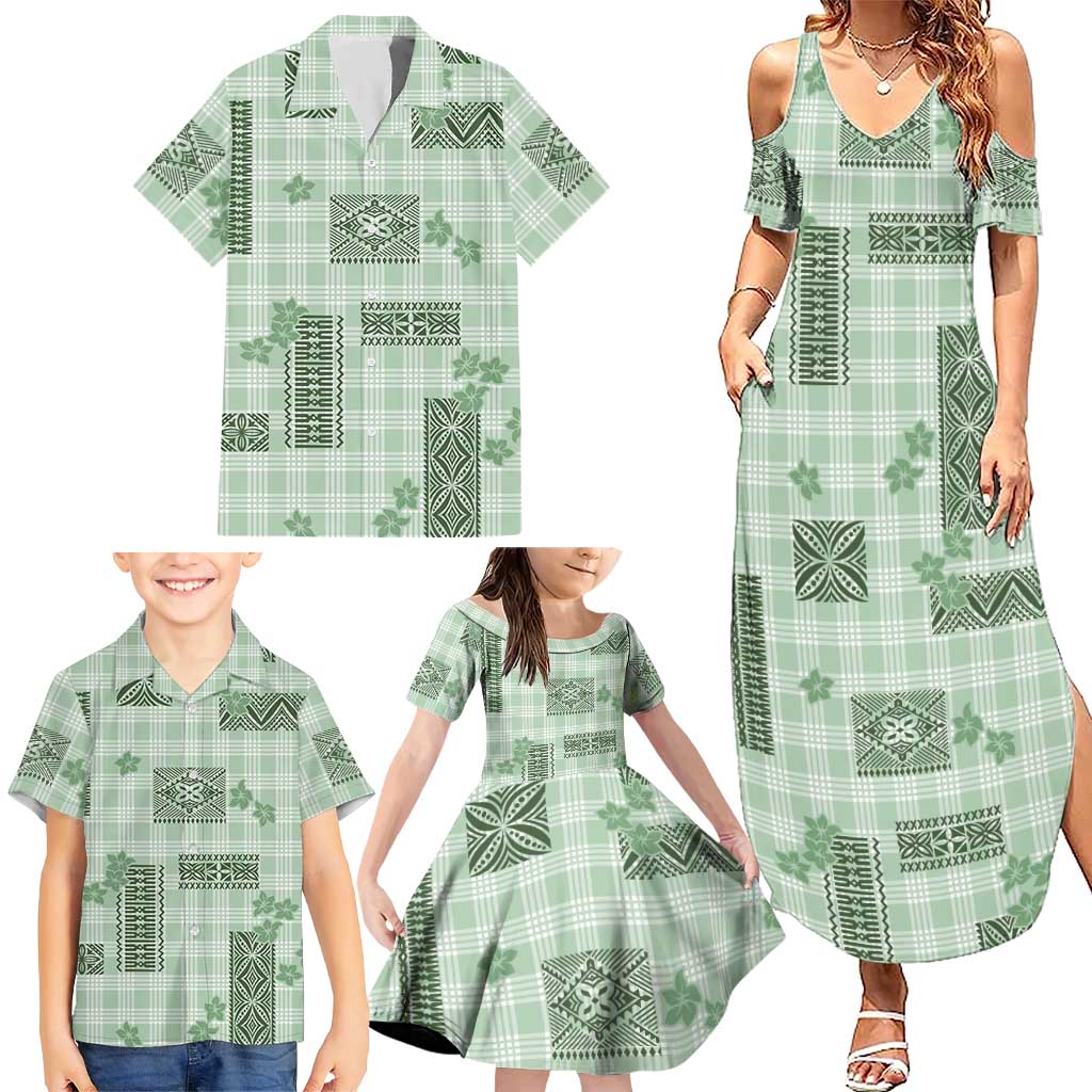 Hawaiian Quilt Tapa On Pastel Mint Palaka Motifs Family Matching Summer Maxi Dress and Hawaiian Shirt LT7 - Polynesian Pride