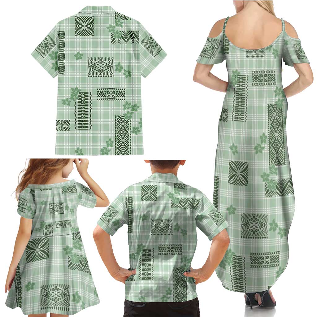 Hawaiian Quilt Tapa On Pastel Mint Palaka Motifs Family Matching Summer Maxi Dress and Hawaiian Shirt LT7 - Polynesian Pride