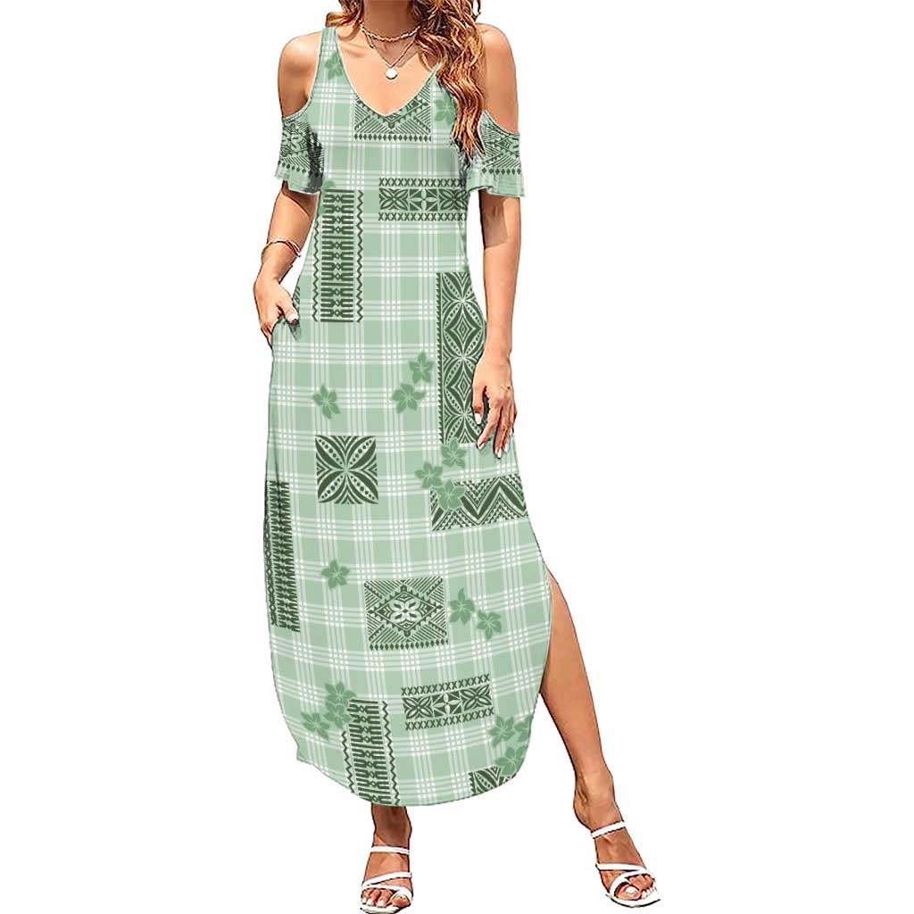 Hawaiian Quilt Tapa On Pastel Mint Palaka Motifs Family Matching Summer Maxi Dress and Hawaiian Shirt LT7 Mom's Dress Mint - Polynesian Pride