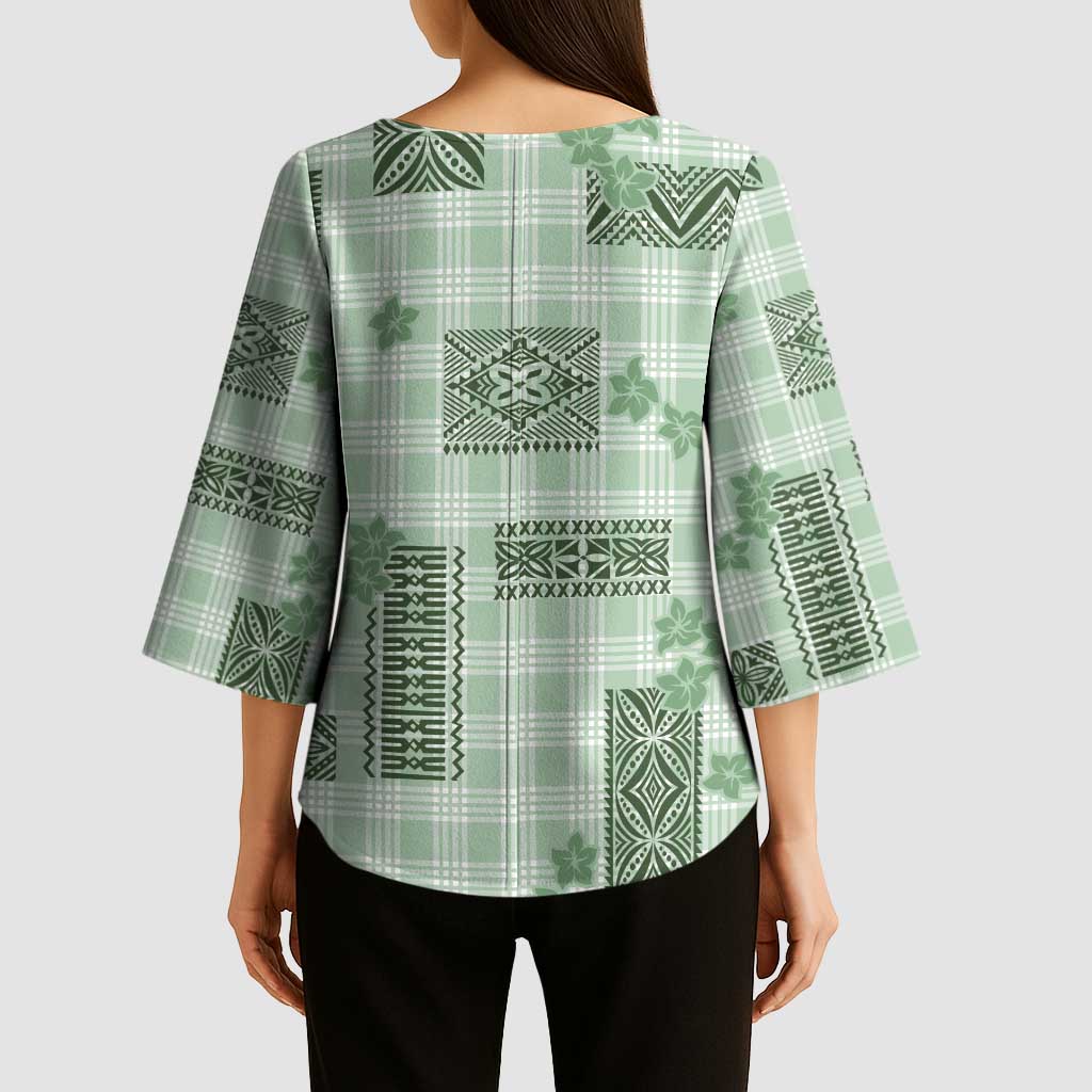 Hawaiian Quilt Tapa On Pastel Mint Palaka Motifs Kimono Sleeve Blouse