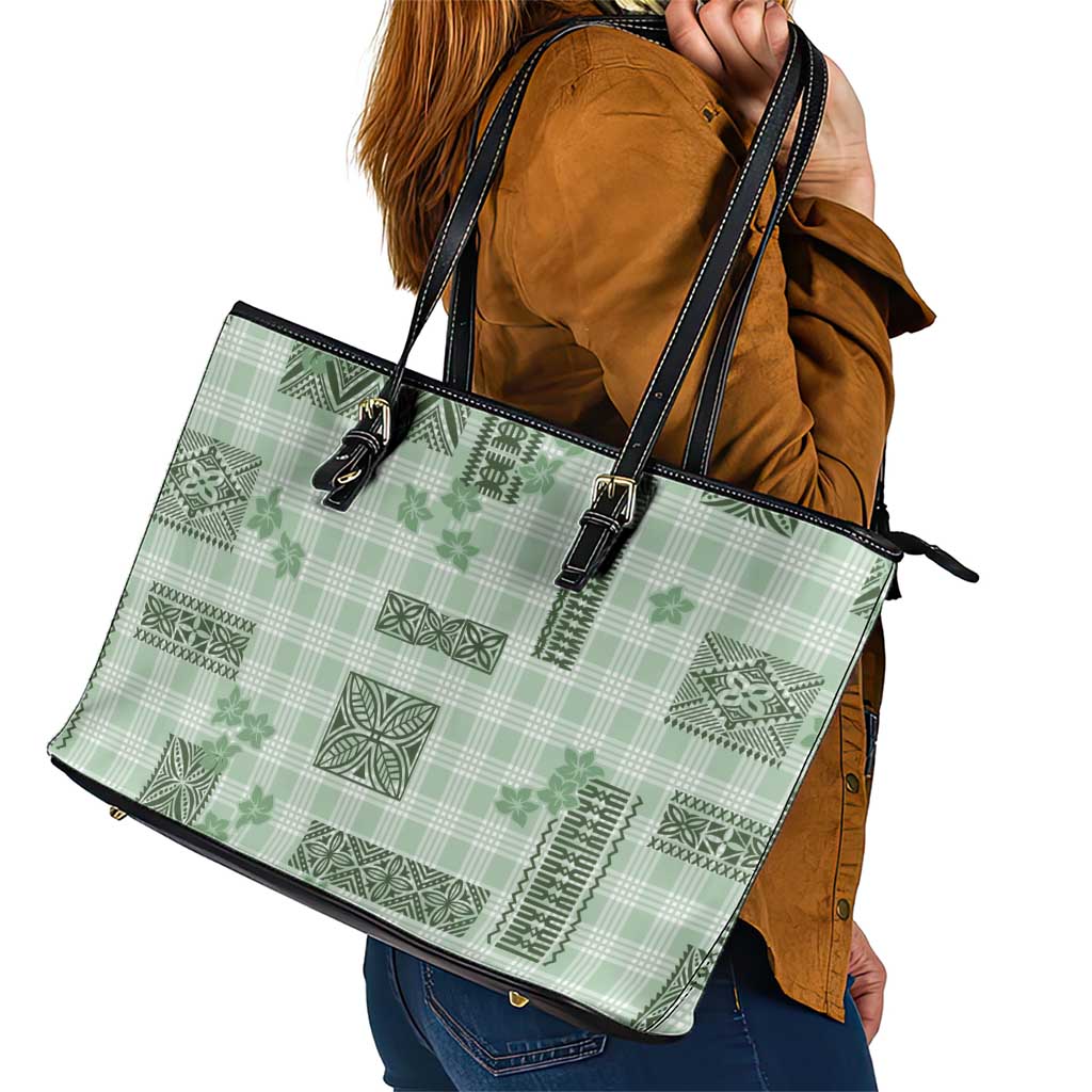 Hawaiian Quilt Tapa On Pastel Mint Palaka Motifs Leather Tote Bag