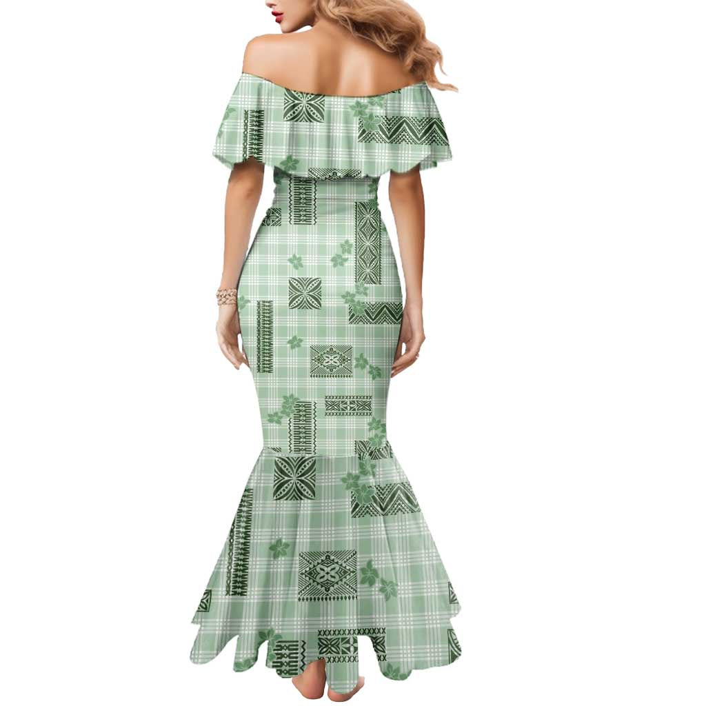 Hawaiian Quilt Tapa On Pastel Mint Palaka Motifs Mermaid Dress