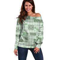 Hawaiian Quilt Tapa On Pastel Mint Palaka Motifs Off Shoulder Sweater