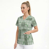 Hawaiian Quilt Tapa On Pastel Mint Palaka Motifs Scrub Top