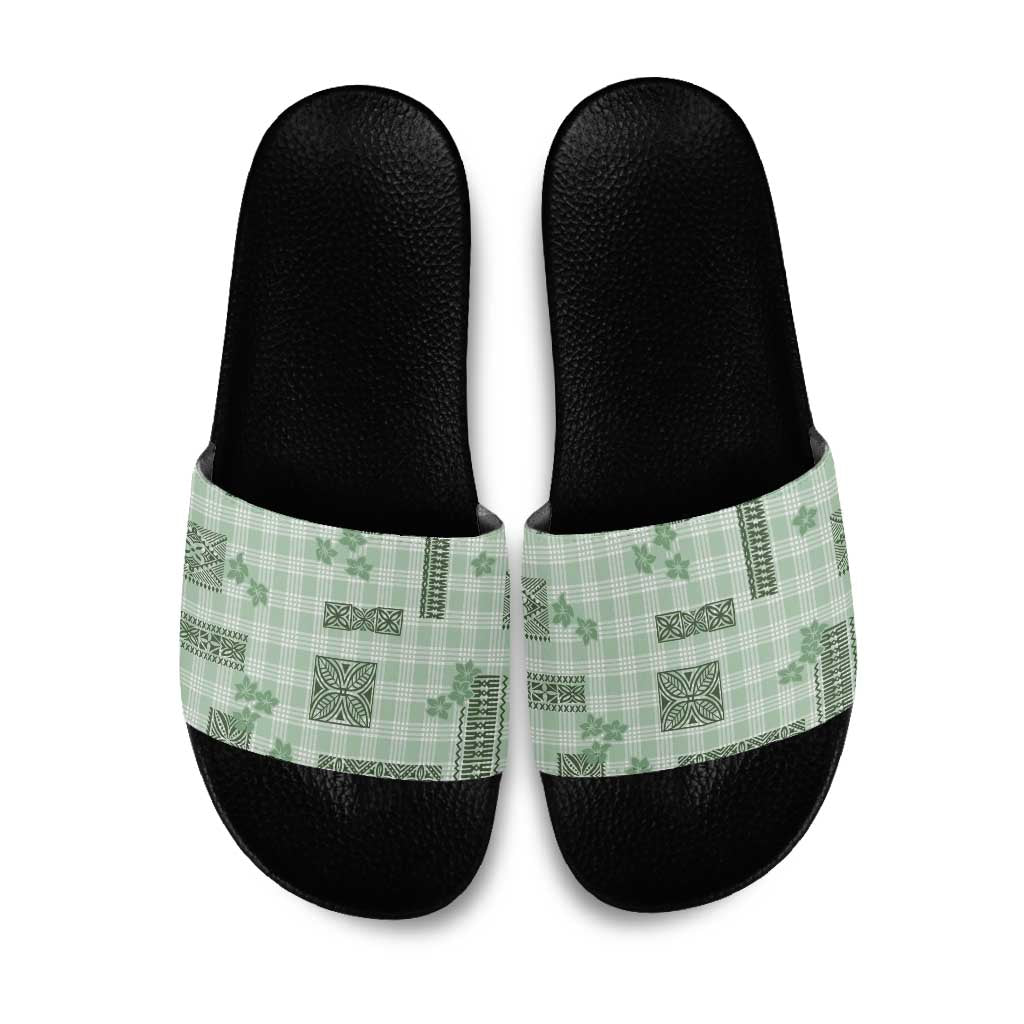 Hawaiian Quilt Tapa On Pastel Mint Palaka Motifs Slide Sandals