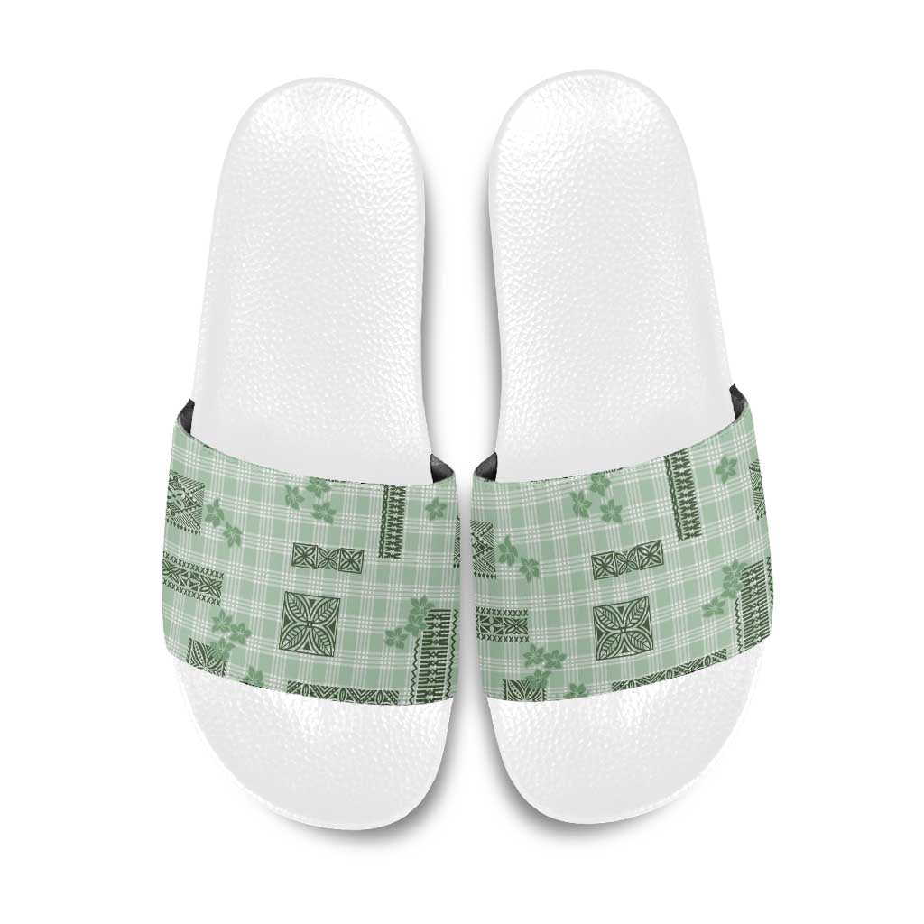 Hawaiian Quilt Tapa On Pastel Mint Palaka Motifs Slide Sandals