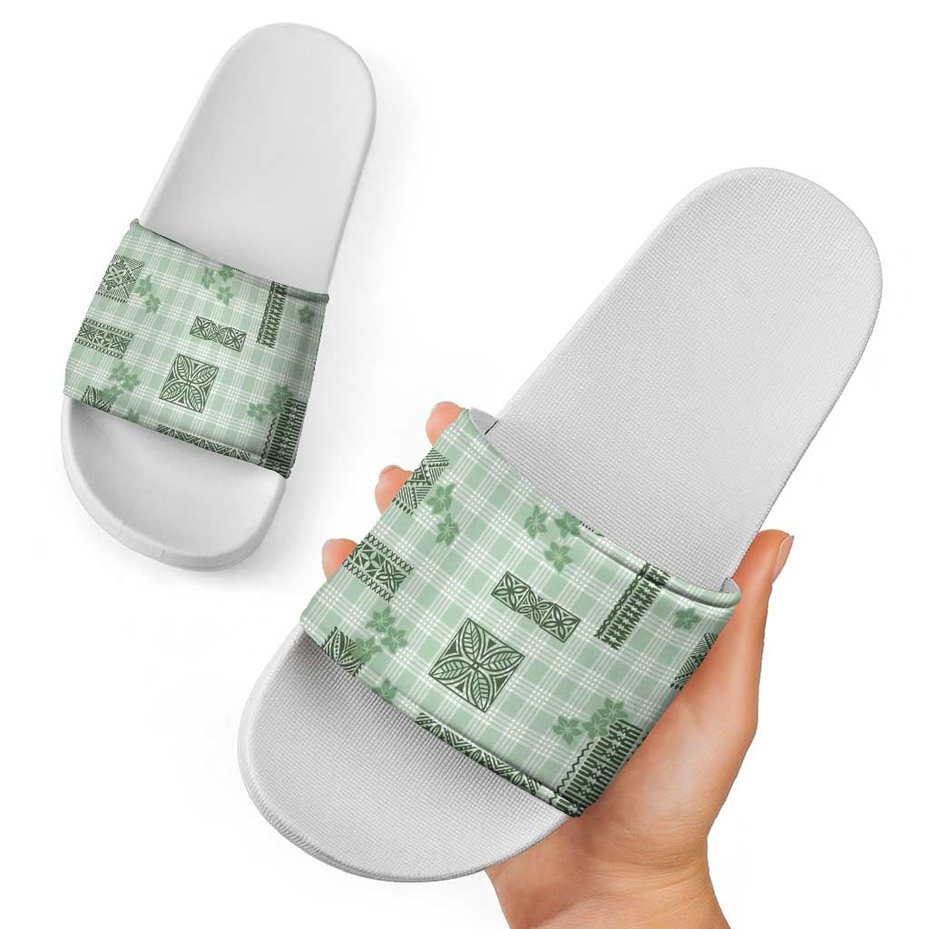 Hawaiian Quilt Tapa On Pastel Mint Palaka Motifs Slide Sandals