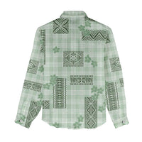 Hawaiian Quilt Tapa On Pastel Mint Palaka Motifs Women Casual Shirt
