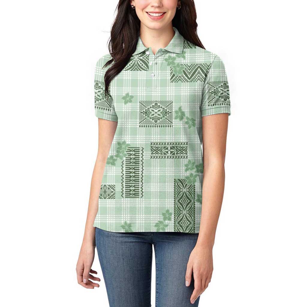 Hawaiian Quilt Tapa On Pastel Mint Palaka Motifs Women Polo Shirt