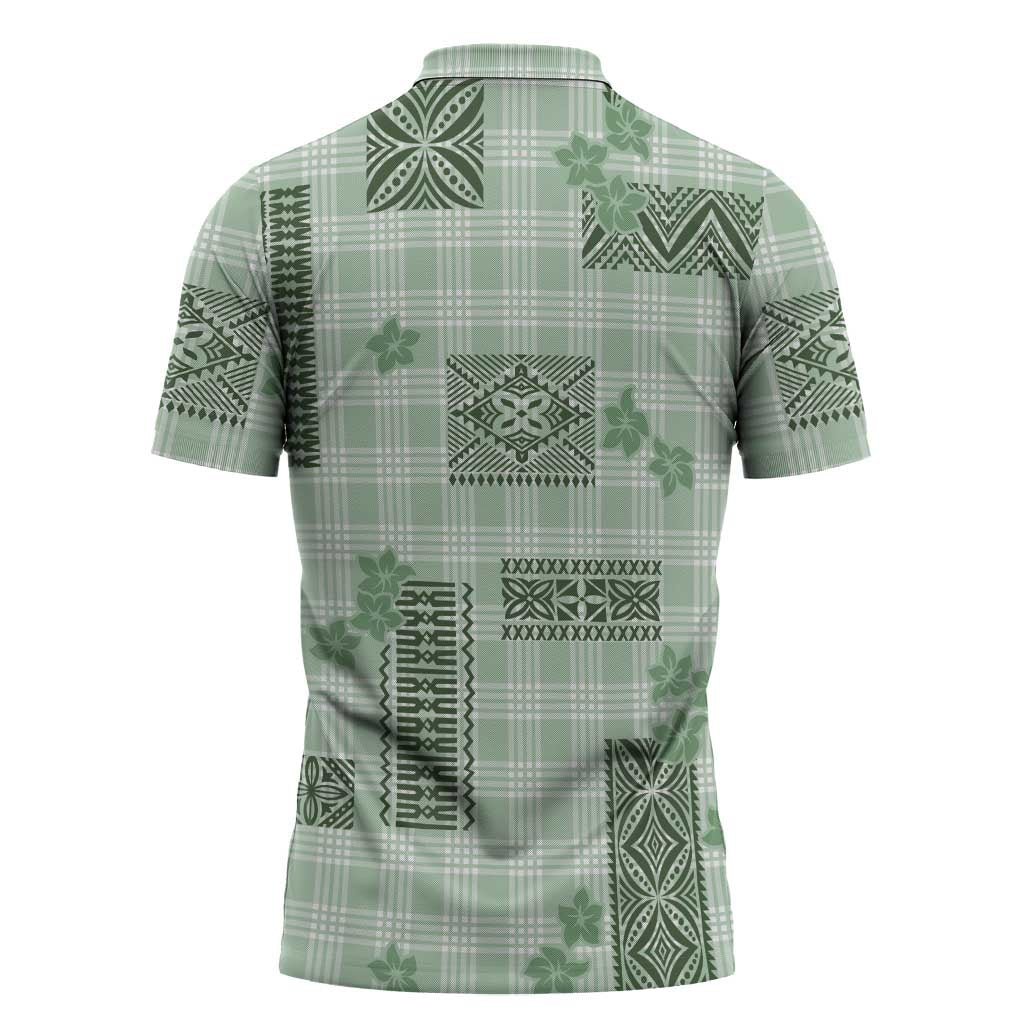 Hawaiian Quilt Tapa On Pastel Mint Palaka Motifs Zipper Polo Shirt