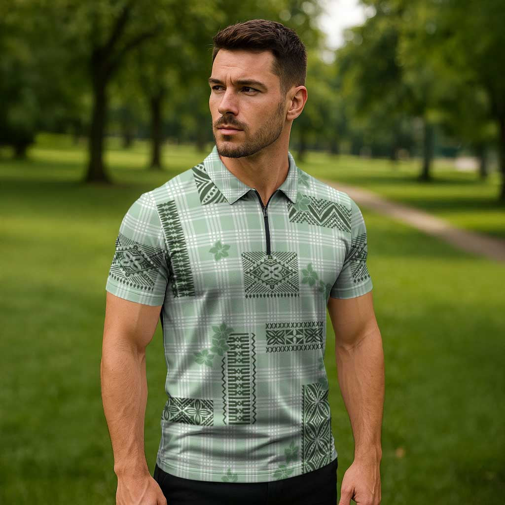 Hawaiian Quilt Tapa On Pastel Mint Palaka Motifs Zipper Polo Shirt
