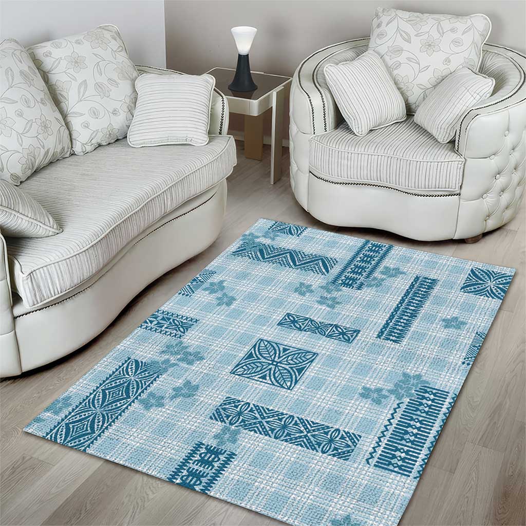 Hawaiian Quilt Tapa On Cold Blue Palaka Motifs Area Rug