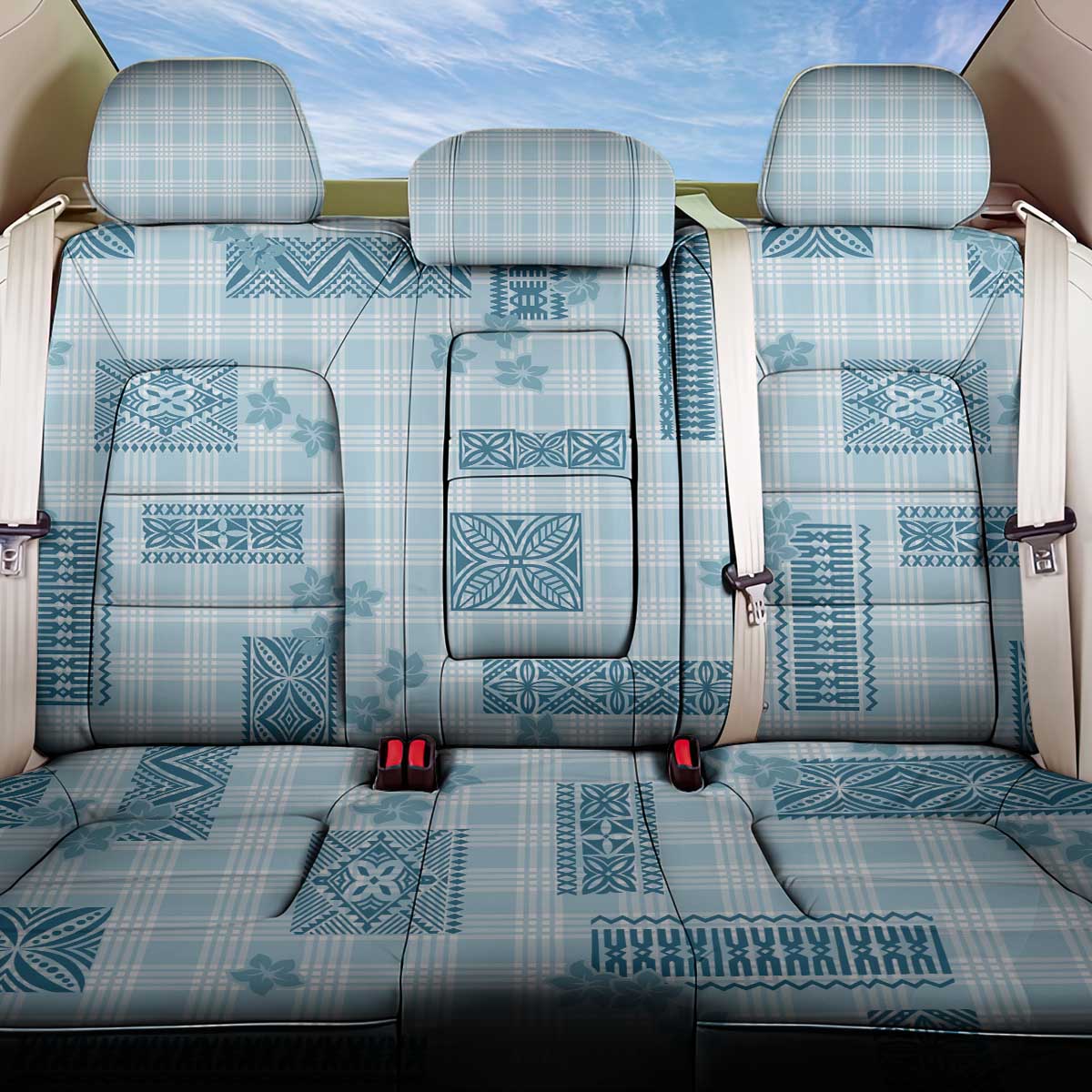 Hawaiian Quilt Tapa On Cold Blue Palaka Motifs Back Car Seat Cover