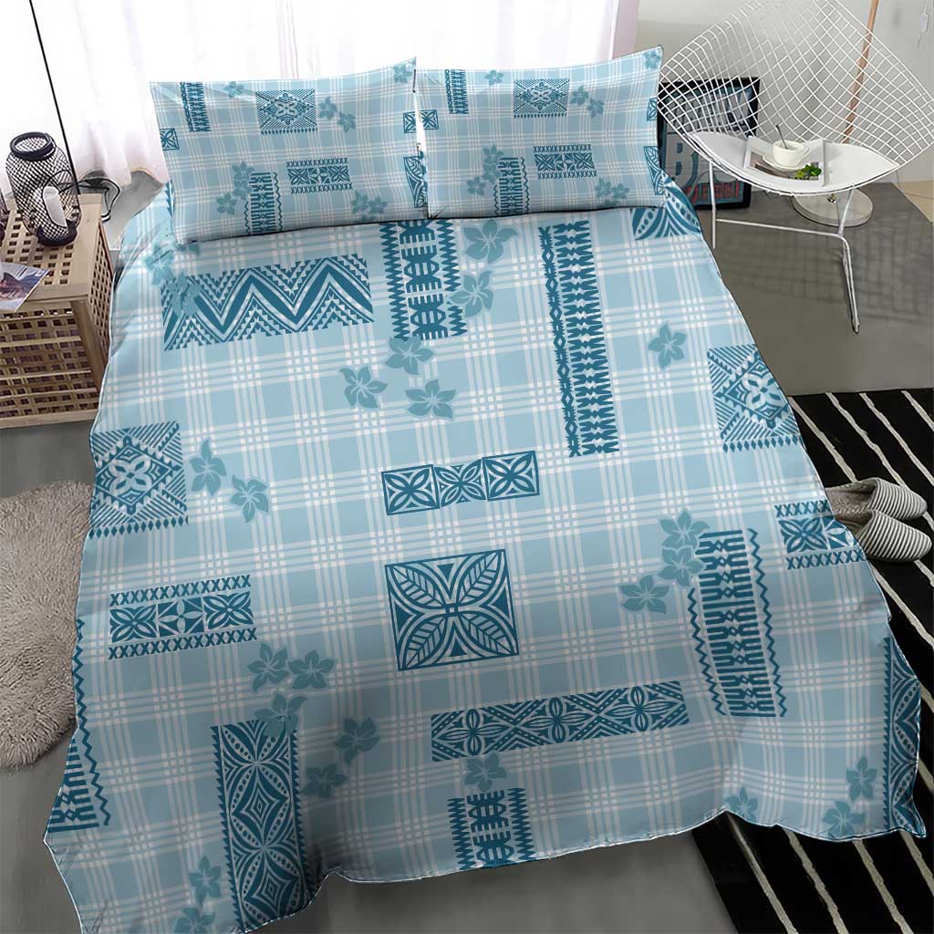 Hawaiian Quilt Tapa On Cold Blue Palaka Motifs Bedding Set