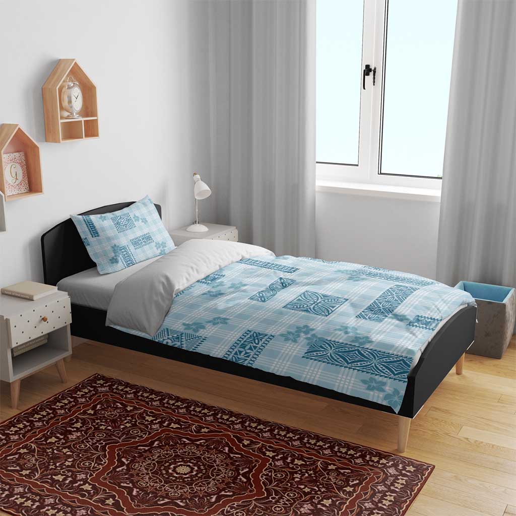 Hawaiian Quilt Tapa On Cold Blue Palaka Motifs Bedding Set