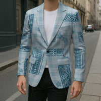 Hawaiian Quilt Tapa On Cold Blue Palaka Motifs Blazer