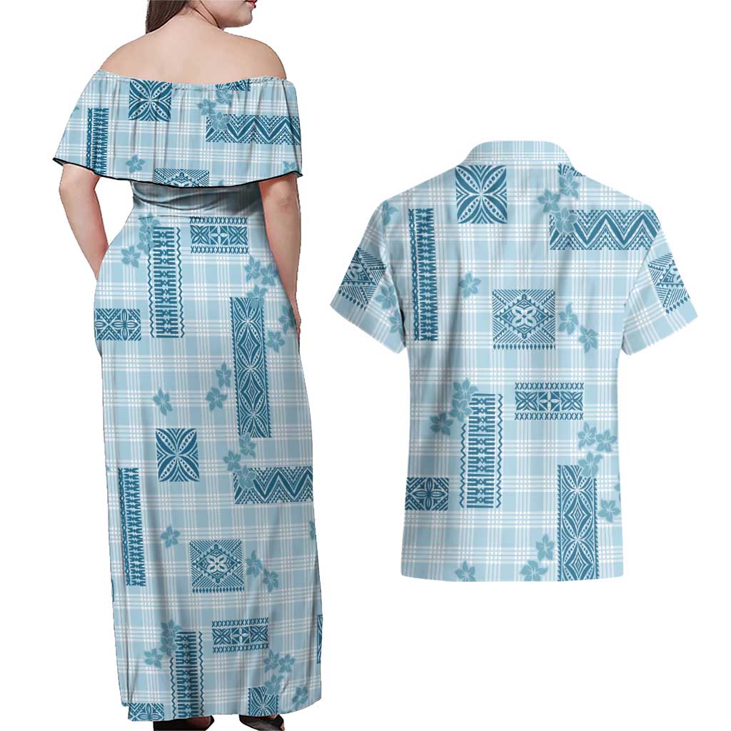 Hawaiian Quilt Tapa On Cold Blue Palaka Motifs Couples Matching Off Shoulder Maxi Dress and Hawaiian Shirt