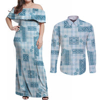 Hawaiian Quilt Tapa On Cold Blue Palaka Motifs Couples Matching Off Shoulder Maxi Dress and Long Sleeve Button Shirt