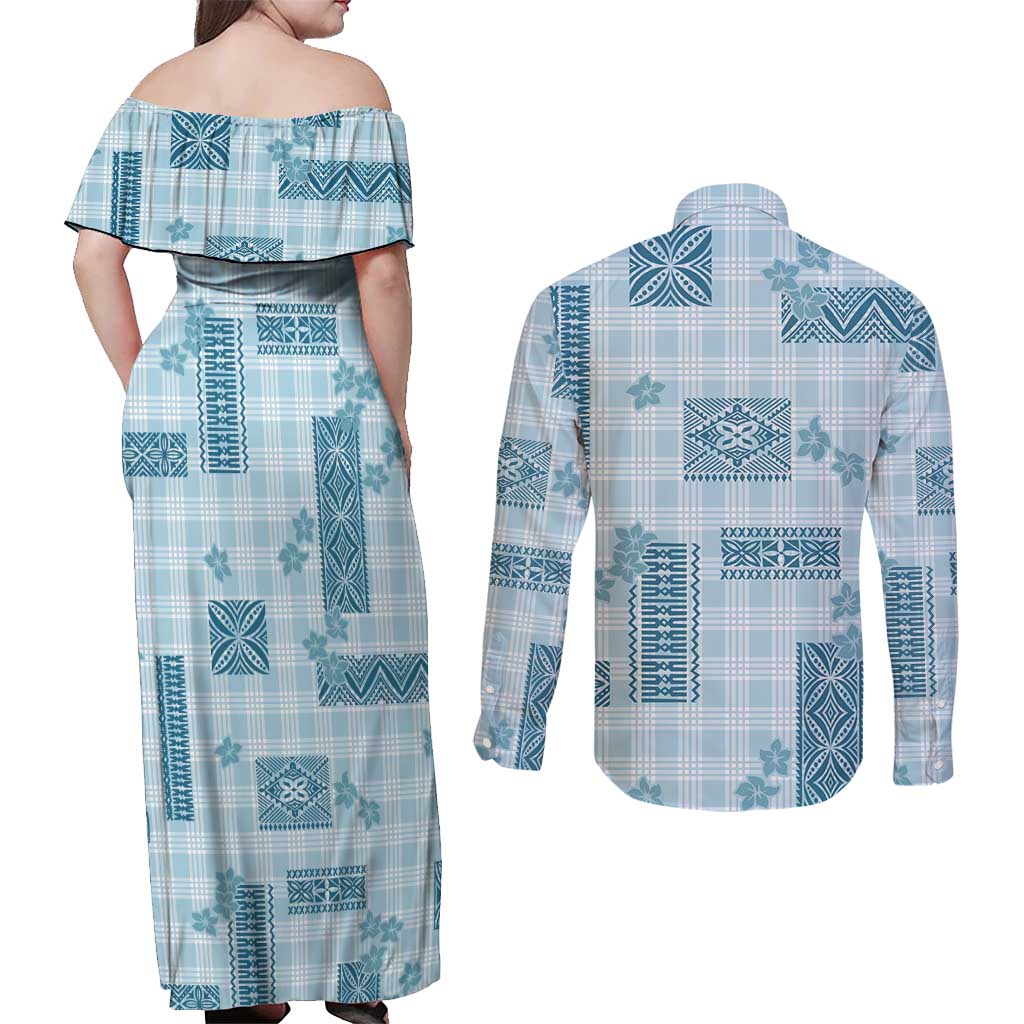 Hawaiian Quilt Tapa On Cold Blue Palaka Motifs Couples Matching Off Shoulder Maxi Dress and Long Sleeve Button Shirt