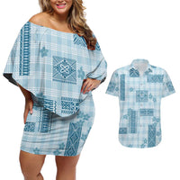Hawaiian Quilt Tapa On Cold Blue Palaka Motifs Couples Matching Off Shoulder Short Dress and Hawaiian Shirt