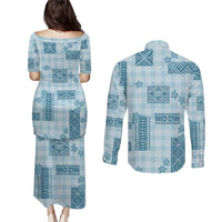 Hawaiian Quilt Tapa On Cold Blue Palaka Motifs Couples Matching Puletasi and Long Sleeve Button Shirt
