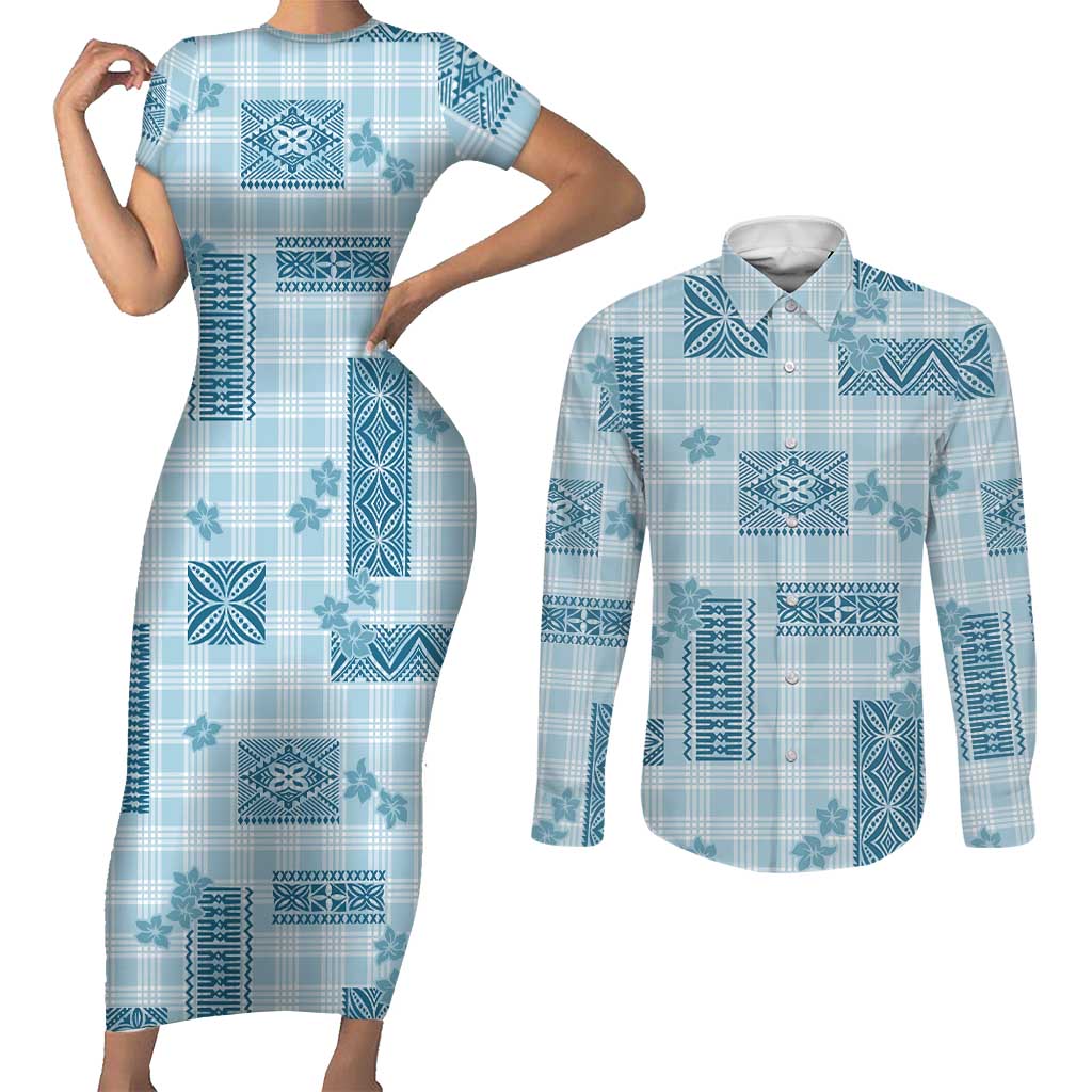 Hawaiian Quilt Tapa On Cold Blue Palaka Motifs Couples Matching Short Sleeve Bodycon Dress and Long Sleeve Button Shirt
