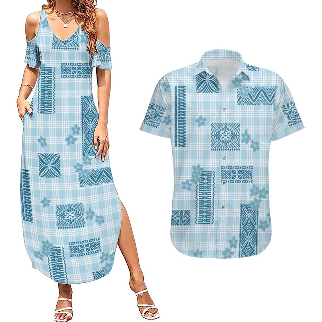 Hawaiian Quilt Tapa On Cold Blue Palaka Motifs Couples Matching Summer Maxi Dress and Hawaiian Shirt